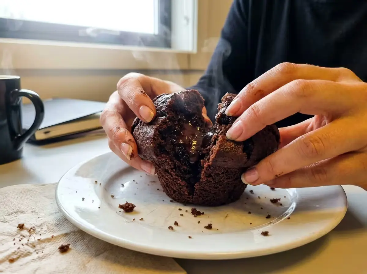 A pair of hands tearing a double chocolate muffin in half over a white plate, with a mug of black coffee and a notebook on the counter