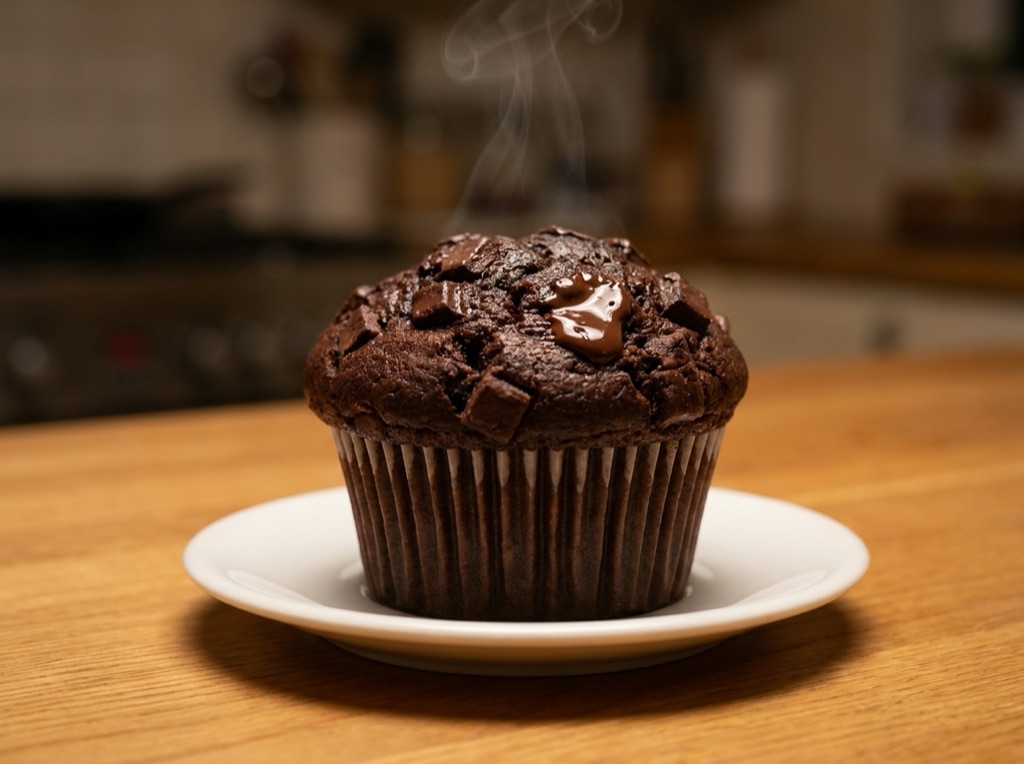A warm double chocolate muffin on a white plate with steam rising and one chocolate chunk melted glossy on top